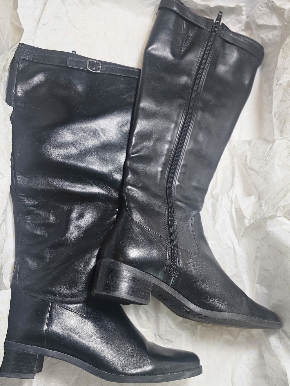 Michelle D Black Leather Knee Boots with Low Block Heel